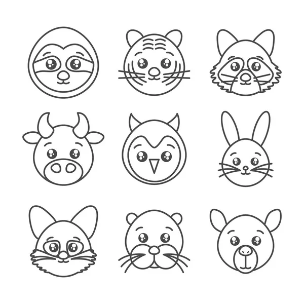 Cute animals head cartoon icons set line style — Stockvector