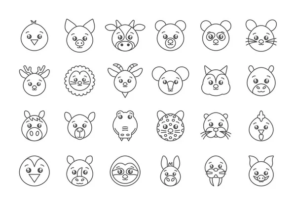 Cute animals head cartoon icons set line style — Stockový vektor