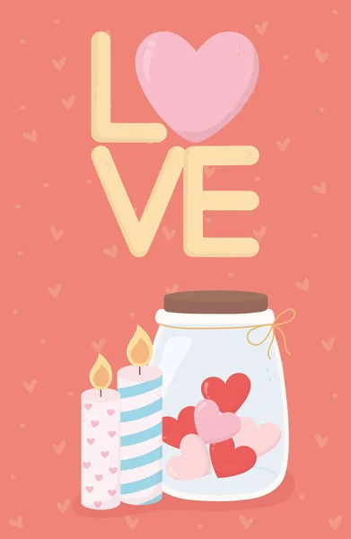 Feliz día de la carta de los corazones tarros velas — Vector de stock