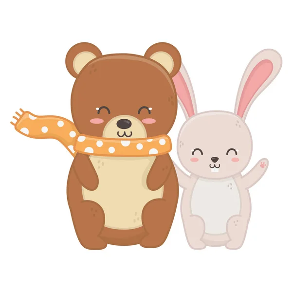 Cute bear with scarf and rabbit hello autumn — Vettoriale Stock