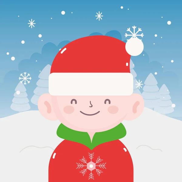 Allegro natale bambino con cappello maglione di alberi di santa neve — Vettoriale Stock