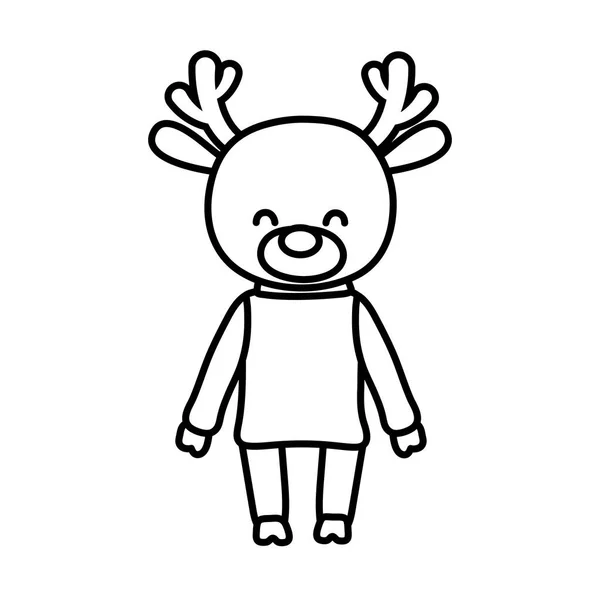 Merry christmas celebration cute reindeer with sweater decoration thick line — Archivo Imágenes Vectoriales