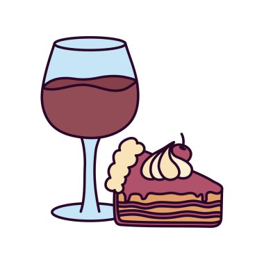 wine glass cup and slice cake on white background