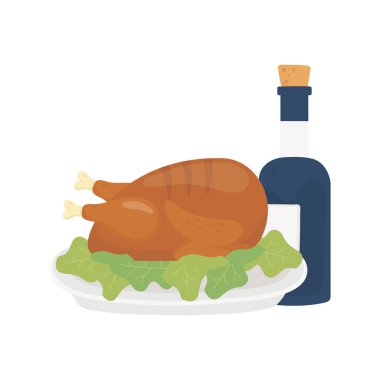 happy thanksgiving day baked turkey and wine bottle