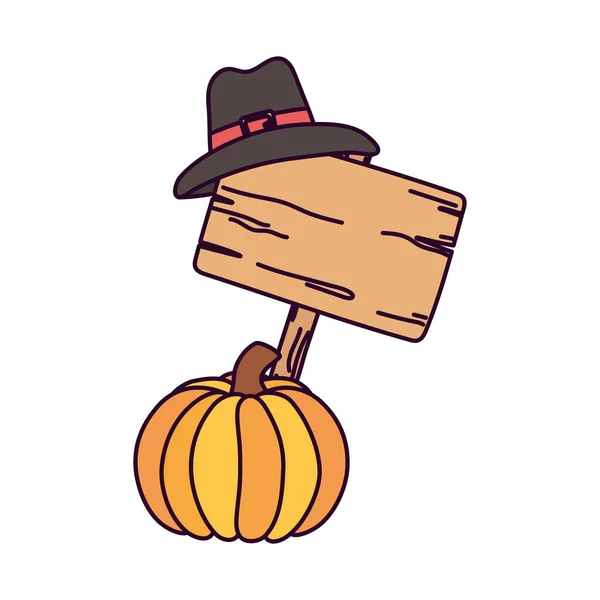 Happy thanksgiving day pumpkin wooden sign pilgrim hat — стоковый вектор