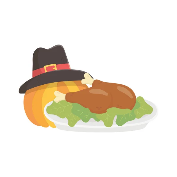 Happy thanksgiving day baked turkey pumpkin with hat —  Vetores de Stock
