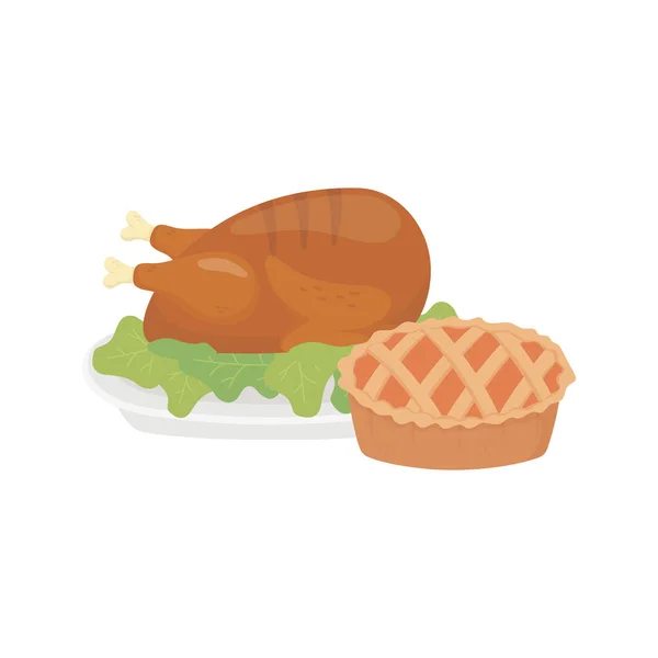 Happy thanksgiving day baked turkey and cake — Vector de stock
