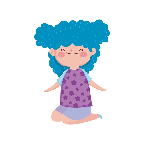 Cute little girl blue hair on the knees cartoon — стоковый вектор