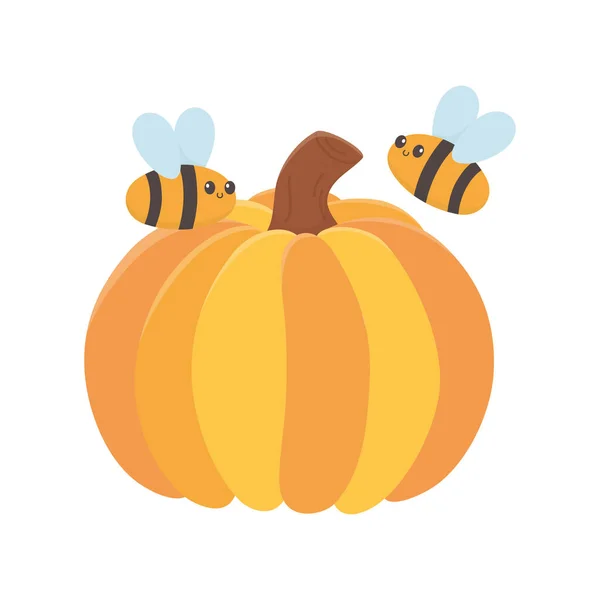 Happy thanksgiving day pumpkin and flying bees — Stock Vector