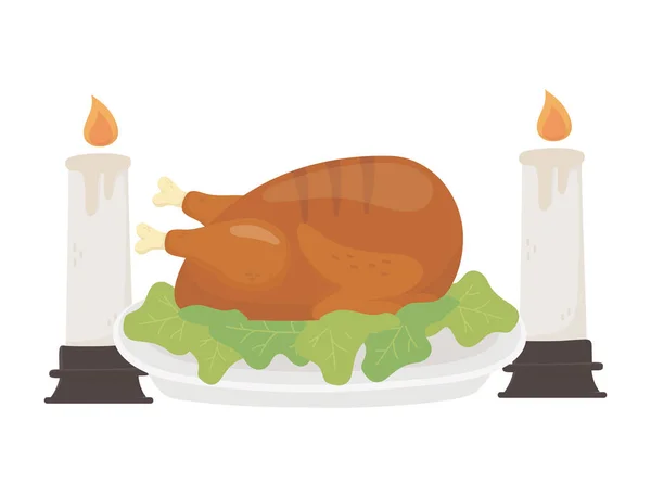 Šťastný den díkůvzdání pečený krocan pálení svíčky večeře — Stockový vektor