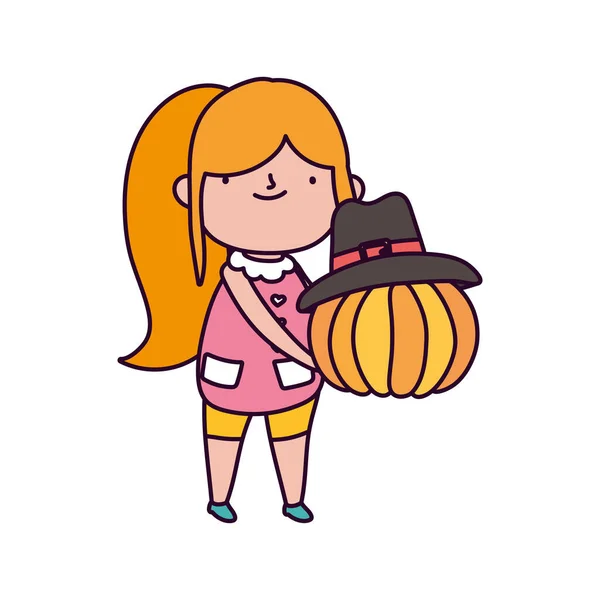 Happy thanksgiving day little girl holding pumpkin with hat — Stock Vector