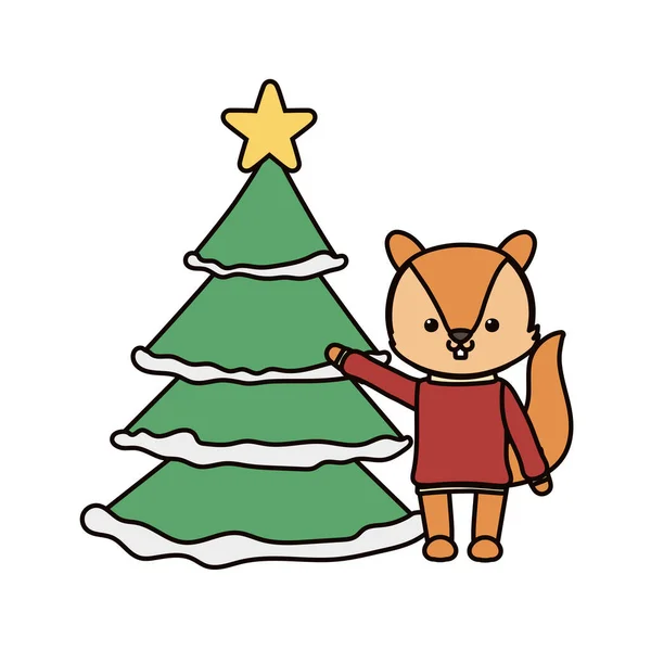Merry christmas celebration squirrel with sweater and tree — Stockvektor