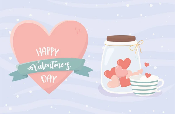 Happy valentines day jar with hearts coffee cup — Stock Vector