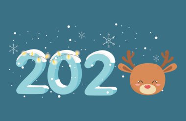 happy new year 2020 celebration reindeer head lights snowflakes