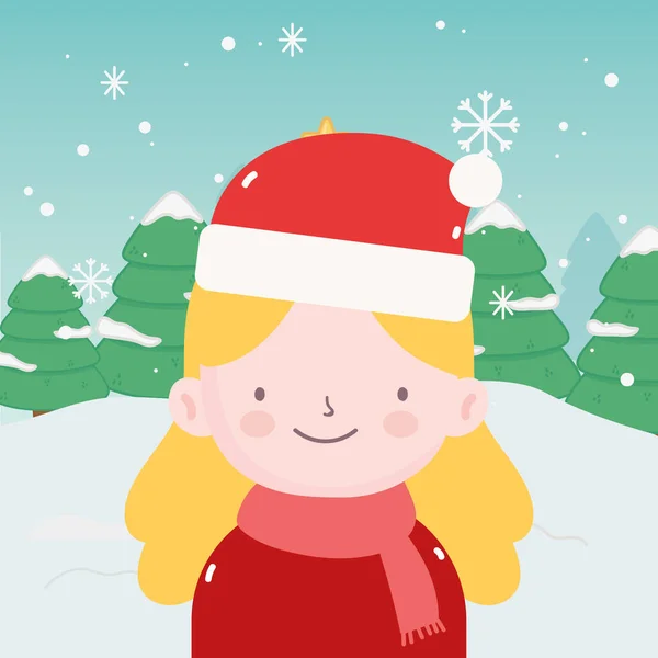 Merry christmas little girl with scarf and hat of santa trees snow — Stockvector