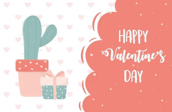 Happy valentines day potted cactus gift hearts background — Vettoriale Stock