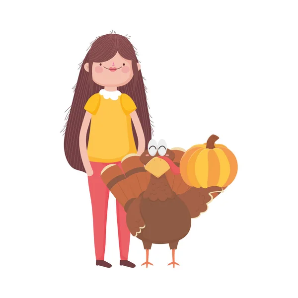 Happy thanksgiving day woman with turkey and pumpkin — Image vectorielle