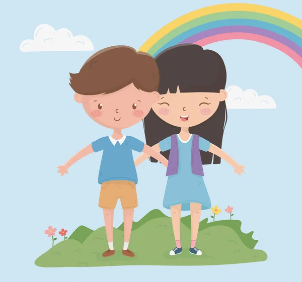 Happy childrens day enjoy girl and boy field rainbow — Vector de stock