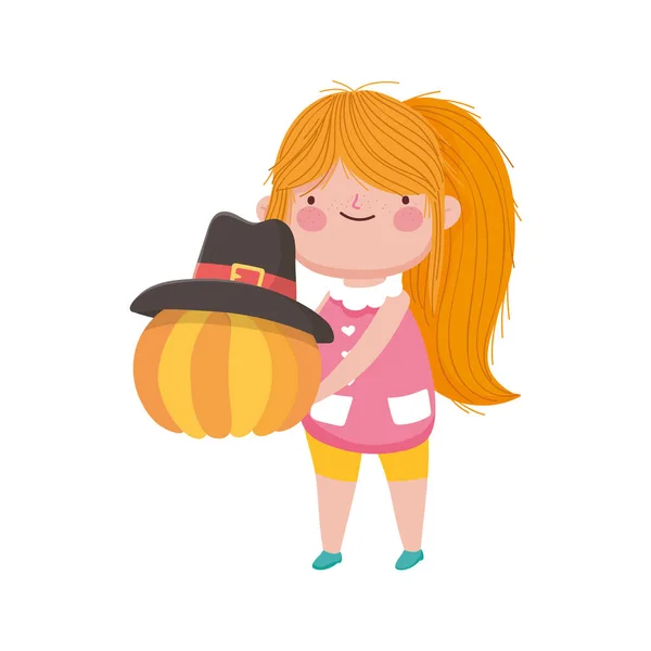 Szczęśliwy dzień dziękczynienia dziewczynka gospodarstwa dyni z kapeluszem — Wektor stockowy