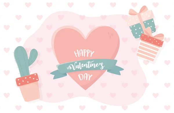 Happy valentines day cactus in pot gifts hearts love background — Stockvektor