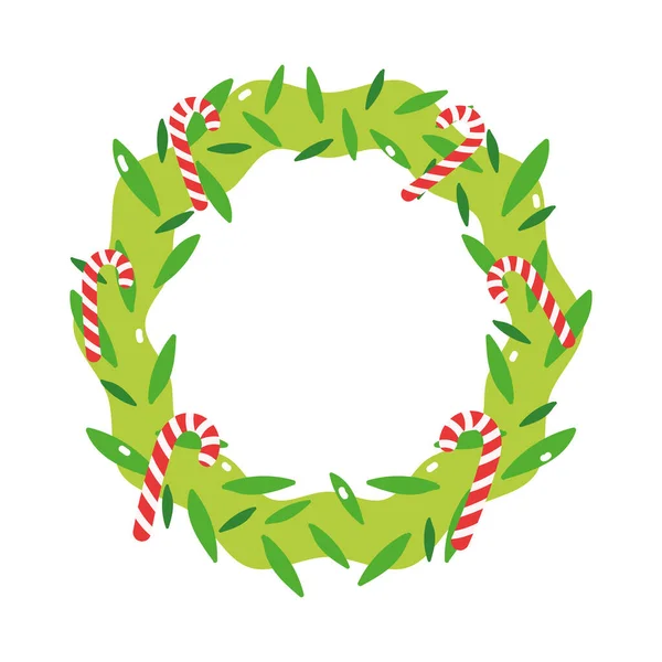 Merry christmas wreath candy canes decoration icon —  Vetores de Stock