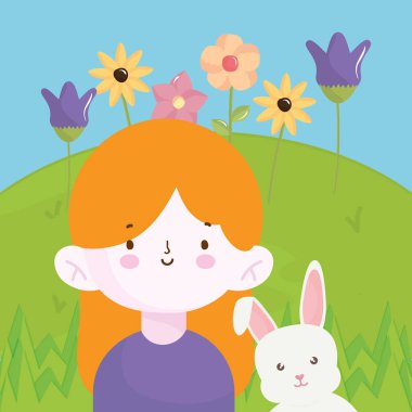 happy little girl with rabbit in the field with flowers