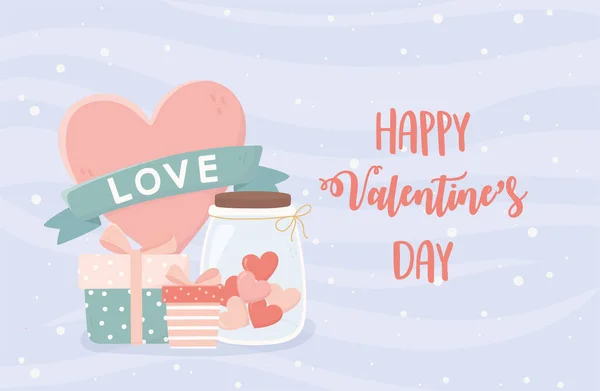 Happy valentines day jar with hearts gifts ribbon love — Vettoriale Stock