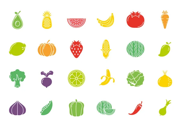 Fruits and vegetables fresh icons set flat design — Archivo Imágenes Vectoriales