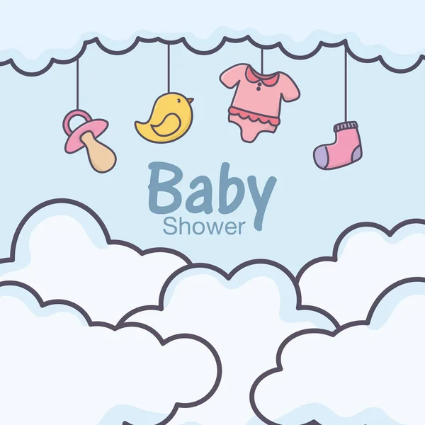 Baby shower hanging clothes toys sky clouds — Vector de stock