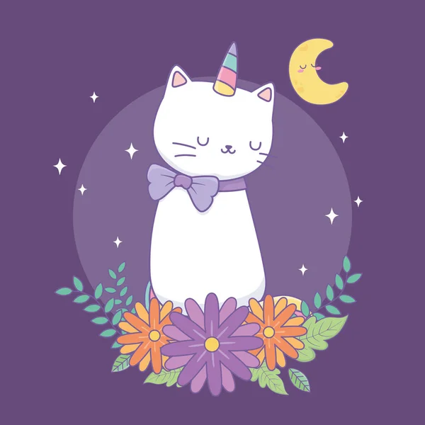 Cute caticorn with floral decoration at night — Stock Vector