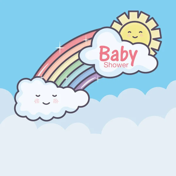 Baby shower cartoon rainbow clouds sun sky — ストックベクタ