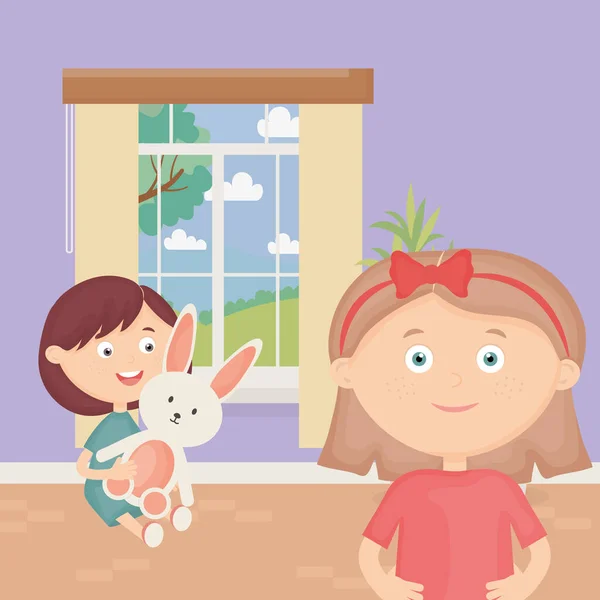 Усміхнені дівчата з кроликом в кімнаті, дитячі іграшки — стоковий вектор