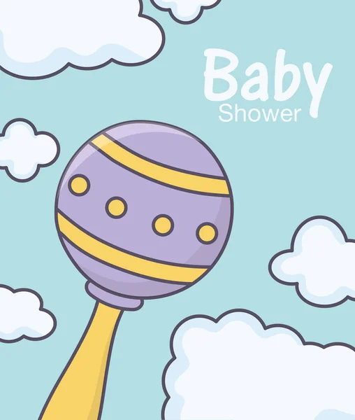 Baby shower rattle toy clouds background — стоковый вектор