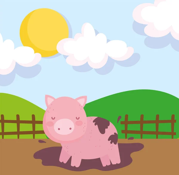 Piggy in the mud wooden fence sky farm animals —  Vetores de Stock