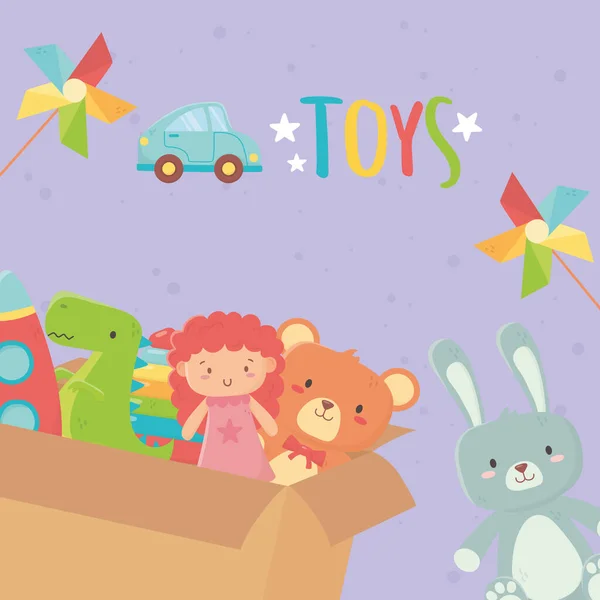 Toys cardboard box with doll bear rabbit wind game car lettering — Vector de stock