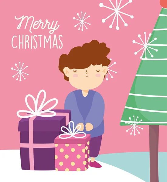 Merry christmas cute boy with gifts and tree snowflakes celebration — Stockový vektor