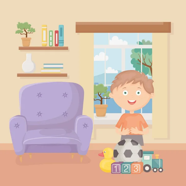 Boy with many toys in the living room home — ストックベクタ
