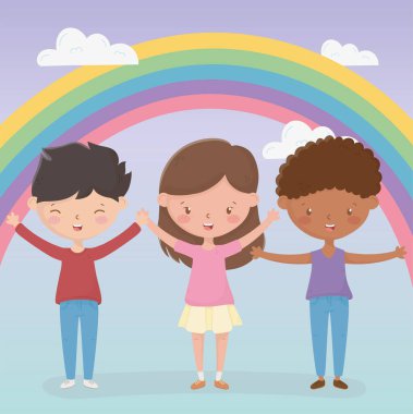 happy childrens day boy and girls cheerful rainbow