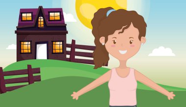 happy woman standing in front of country house