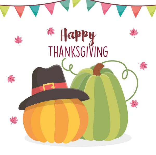 Happy thanksgiving day pumpkin with pilgrim hat — Stock Vector