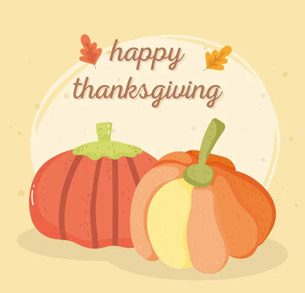 Happy thanksgiving day pumpkins vegetable leaves — Stock Vector