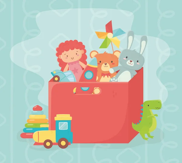 Червона коробка наповнена ляльковим кроликом ведмідь ракетні ігри вітру іграшки — стоковий вектор