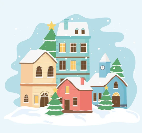 Nueva tarjeta de felicitación año nuevo casas árboles de la ciudad estrellas nieve estrellas. — Vector de stock