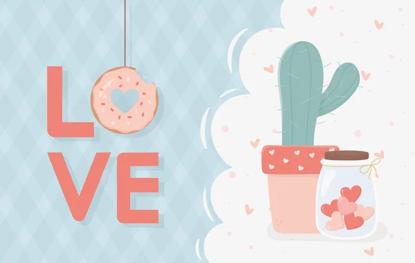 Feliz día de cartas amor donut cactus tarro con corazones — Vector de stock