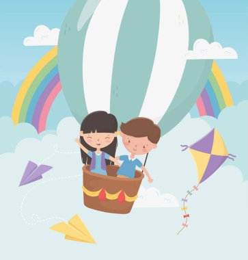 happy childrens day boy and girl flying with hot air balloon