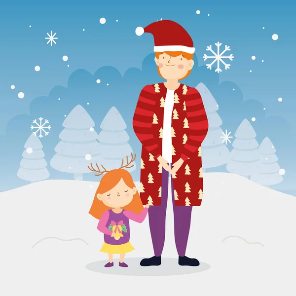 Feliz natal pai e filha quente roupas árvores neve ao ar livre —  Vetores de Stock
