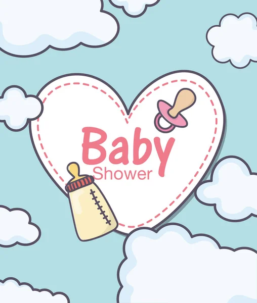 Baby shower klistermärke hjärta napphållare och utfodring flaska — Stock vektor