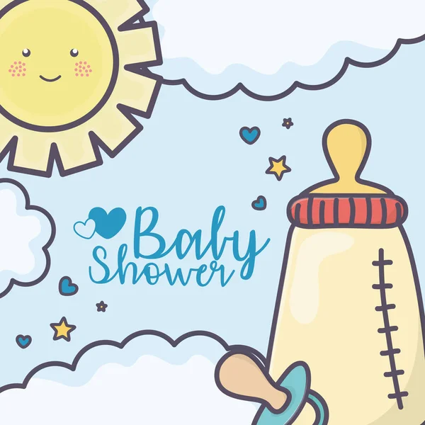Baby shower feeding bottle pacifier clouds sun stars — Archivo Imágenes Vectoriales