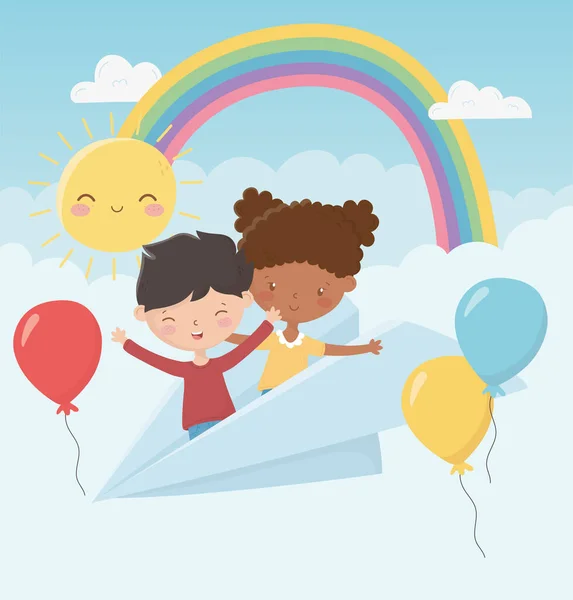 Happy childrens day boy and girl enjoy with paper plane balloons — Vetor de Stock
