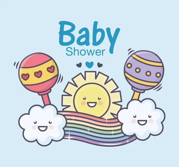 Baby shower rattles toy sun rainbow clouds — Vector de stock